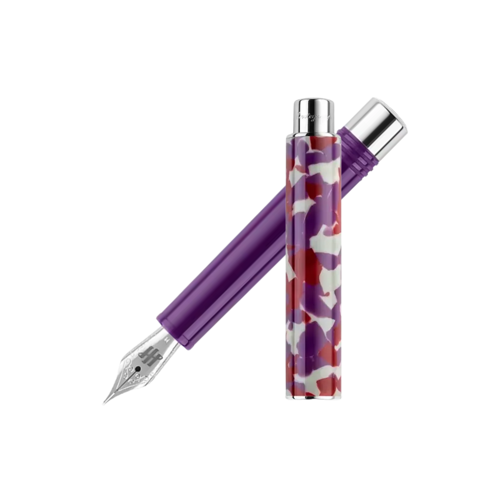 Montegrappa Gnomo Obsession Purple Fountain Pen, front view showcasing the nib and vibrant purple and multicolored resin design.