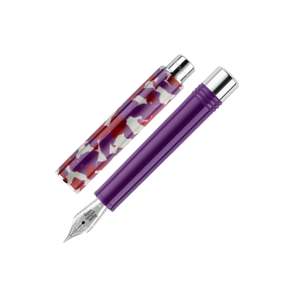 Montegrappa Gnomo Obsession Purple Fountain Pen, close-up of the nib with detailed trim accents.