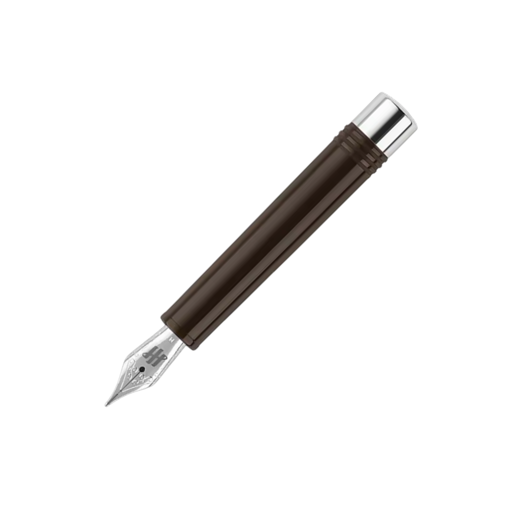 Montegrappa Gnomo Obsession Mocha Steel Fountain Pen, close-up of the nib and detailing on the barrel design.