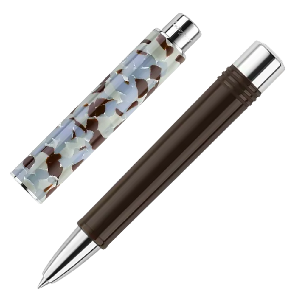 Montegrappa Gnomo Obsession Mocha Steel Rollerball Pen, Nahaufnahme der Kappe und Spitze