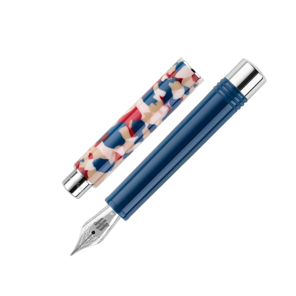 Montegrappa Gnomo Obsession Ultramarine Steel Fountain Pen, close-up of the nib and detailed trim accents.