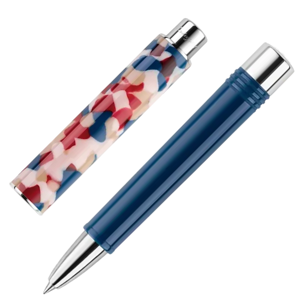 Montegrappa Gnomo Obsession Ultramarine Steel Rollerball Pen, Nahaufnahme der Kappe und Spitze
