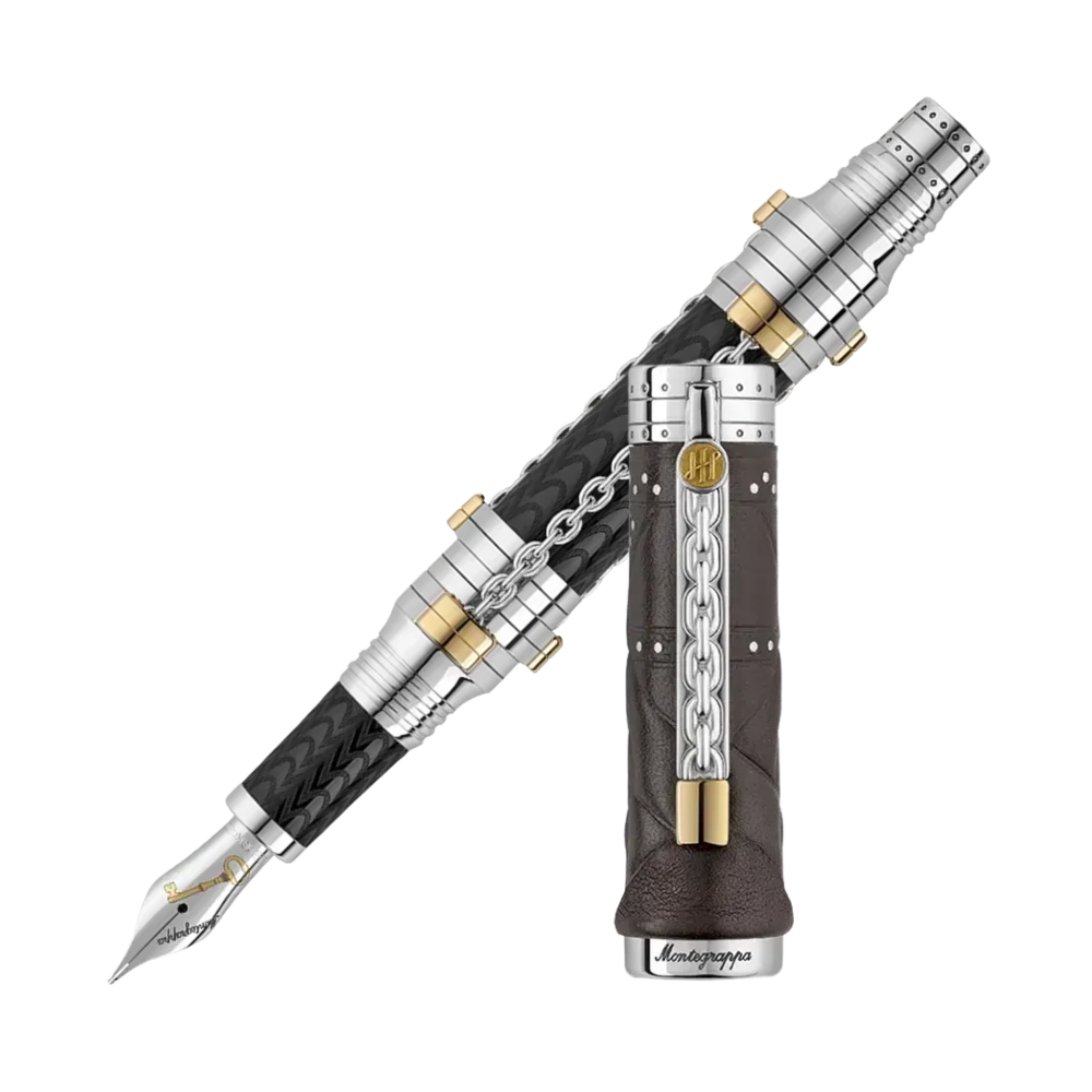 Montegrappa Harry Houdini Füllfederhalter mit Resin-, Vermeil- und Kalbsledergehäuse, 18k Goldfeder.