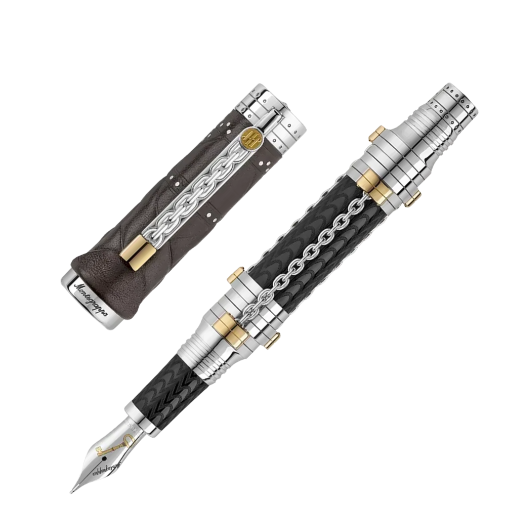 Montegrappa Harry Houdini Füllfederhalter, kunstvolle Verarbeitung mit Vermeil und Sterlingsilber, 18k Goldfeder.