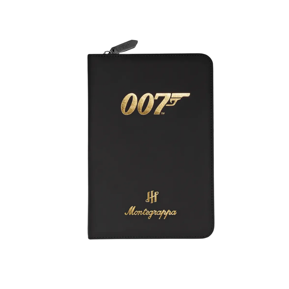 Montegrappa Goldfinger Special Issue Rollerball Pen with a gold-colored finish and stainless steel accents, resting in its official packaging.