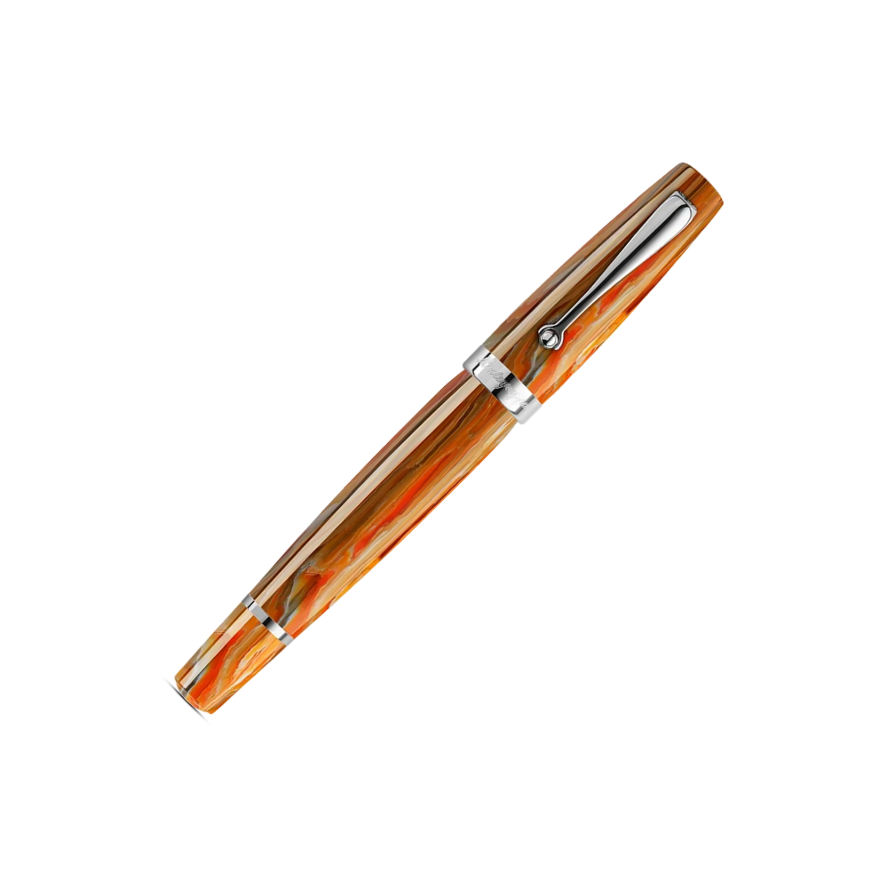 Montegrappa Mia Spice Explosion Open Edition Fountain Pen, side view highlighting the stainless steel trim.