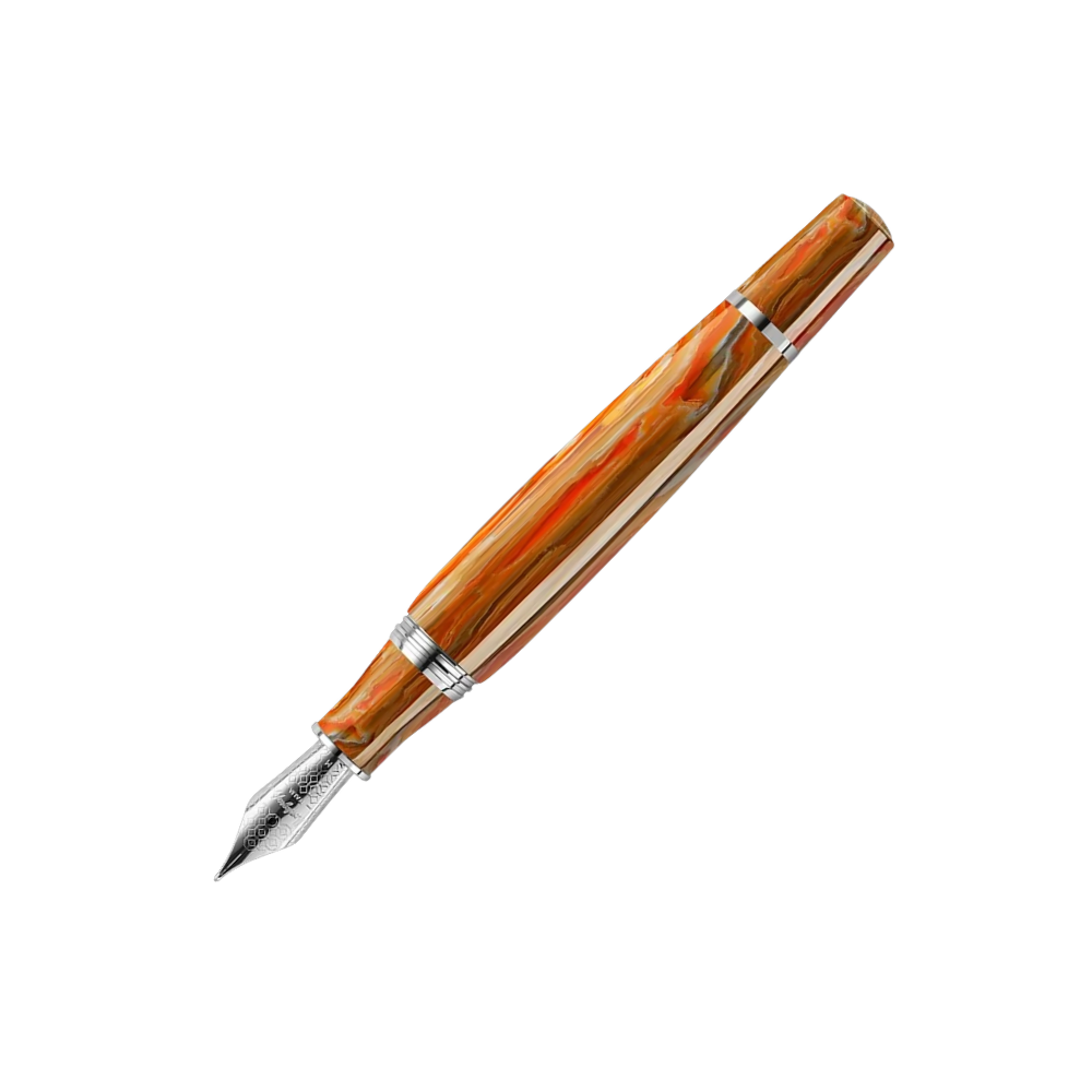 Montegrappa Mia Spice Explosion Open Edition Fountain Pen, side view with cap removed, focusing on the elegant barrel design.