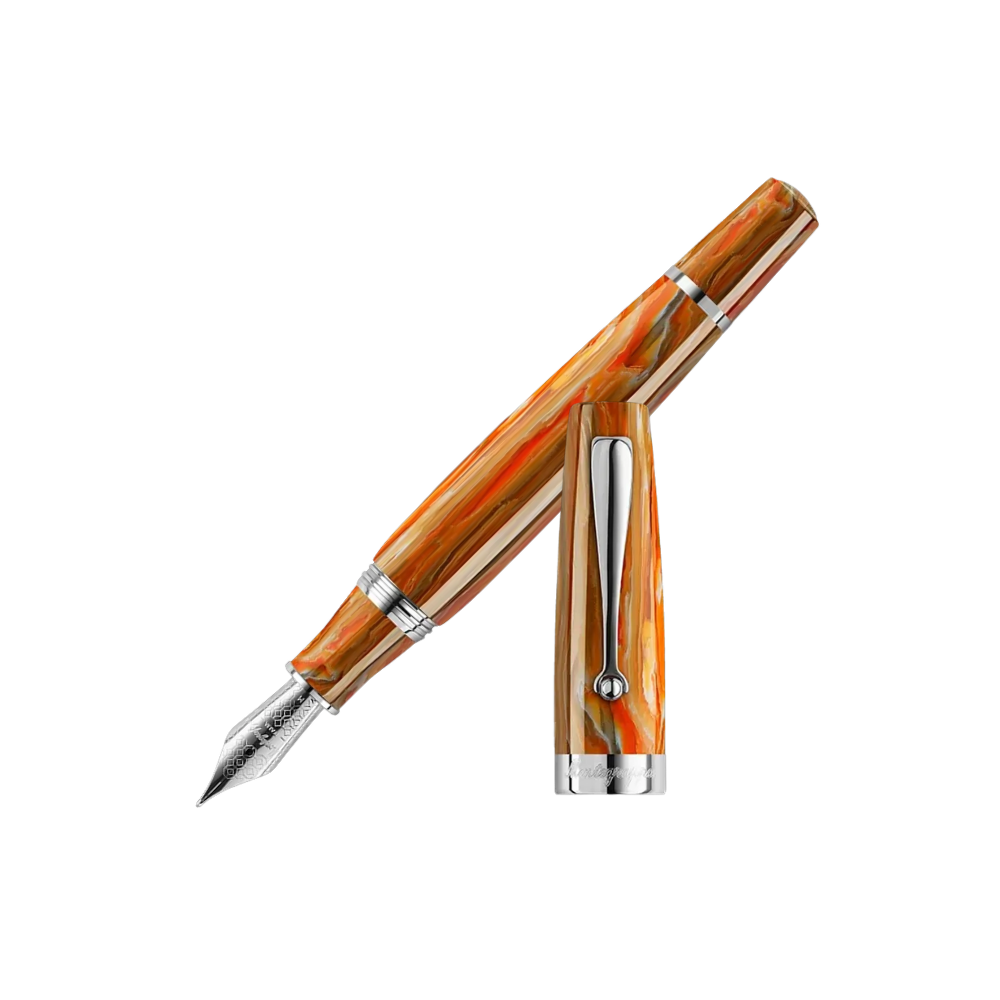 Montegrappa Mia Spice Explosion Open Edition Fountain Pen, front view showcasing the nib and vibrant orange resin design.