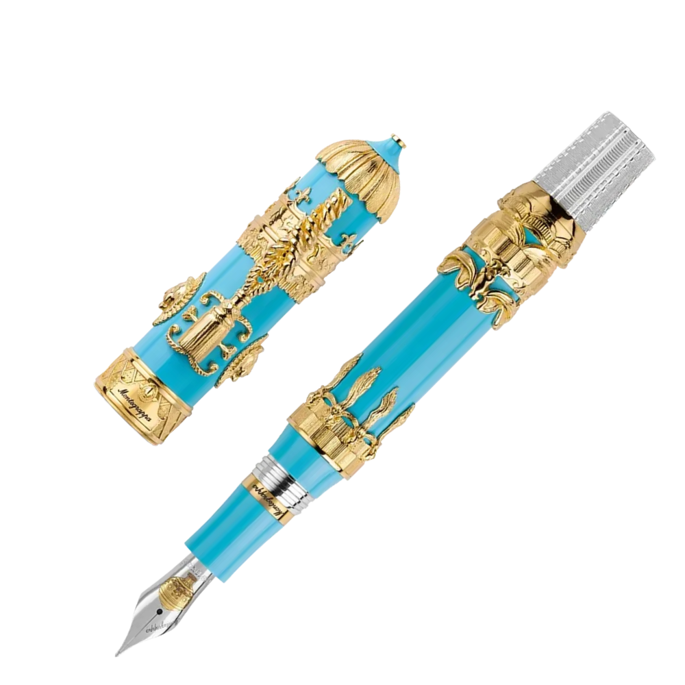 Elegant Montegrappa Montgolfier Füllfederhalter with 18k gold nib and decorative gold accents on a turquoise barrel.