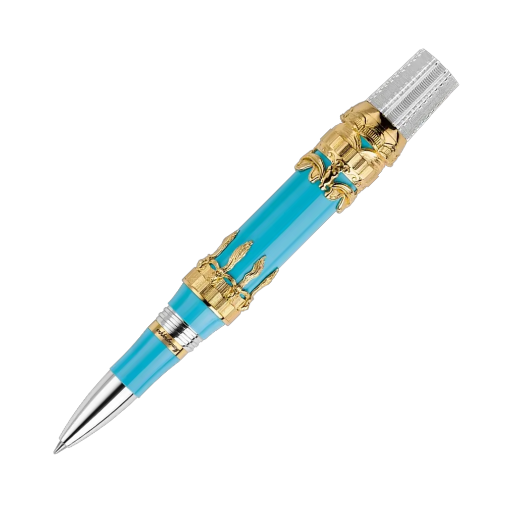 Montegrappa Montgolfier Rollerball Pen in a presentation box with a luxurious blue and gold design.