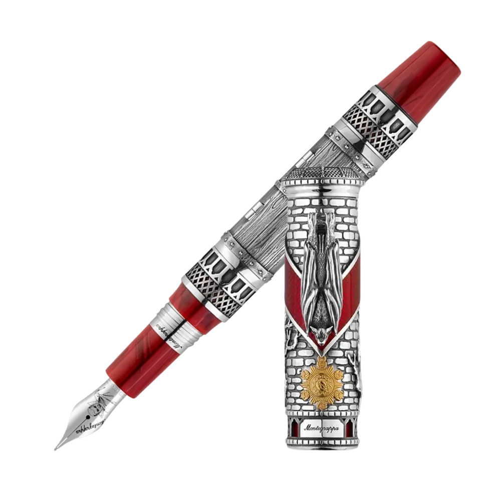 Montegrappa Dracula L.E. Füllfederhalter featuring intricate sterling silver detailing with a bold red resin barrel.