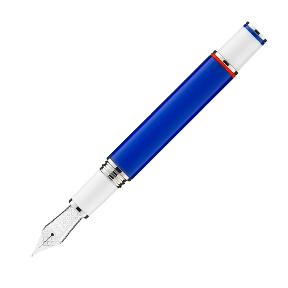 Side view of the Montegrappa NASA Atlantis Fountain Pen with sleek blue and white finish.