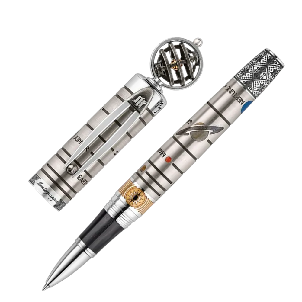 Montegrappa Nicolaus Copernicus Rollerball Pen with celestial motifs and luxurious sterling silver body, resting in its premium case.