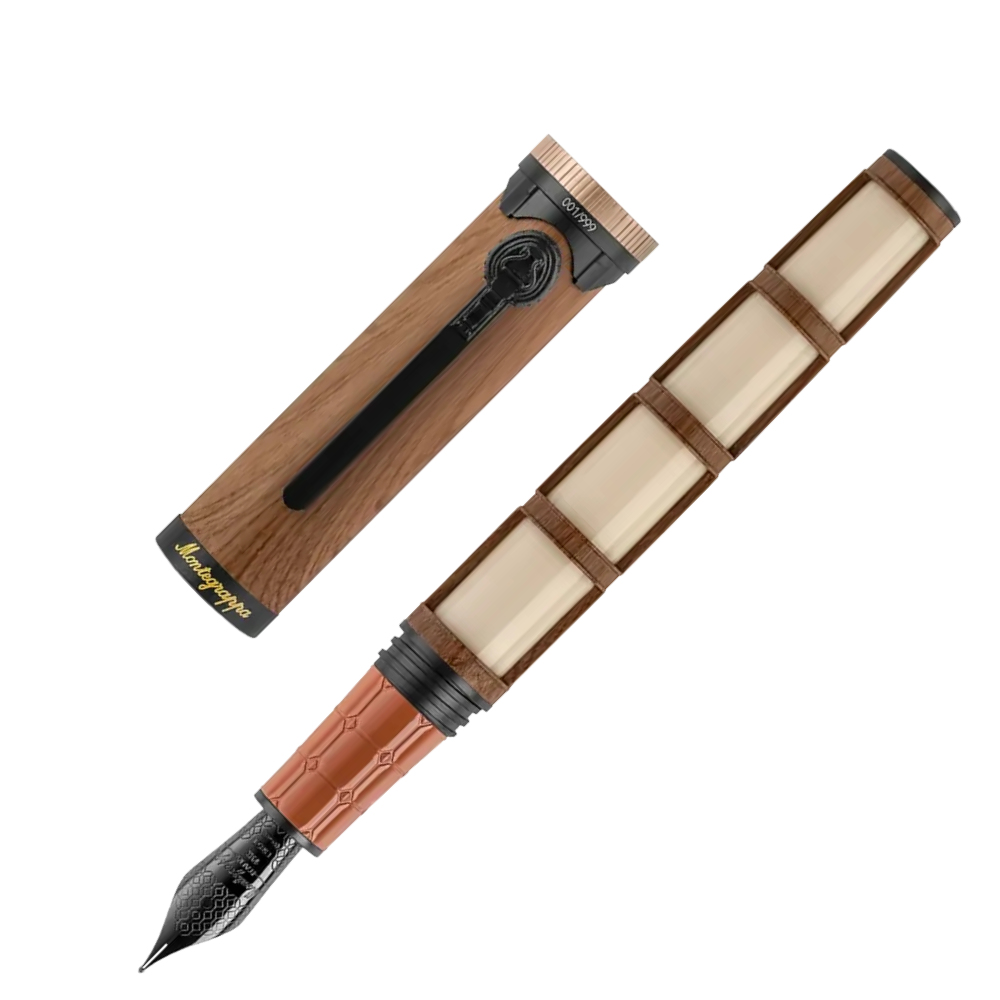 Montegrappa Ode to Bag End Füllfederhalter, edle Kombination aus Resin, Emaille, Messing und Goldfeder, in exklusiver Verpackung.