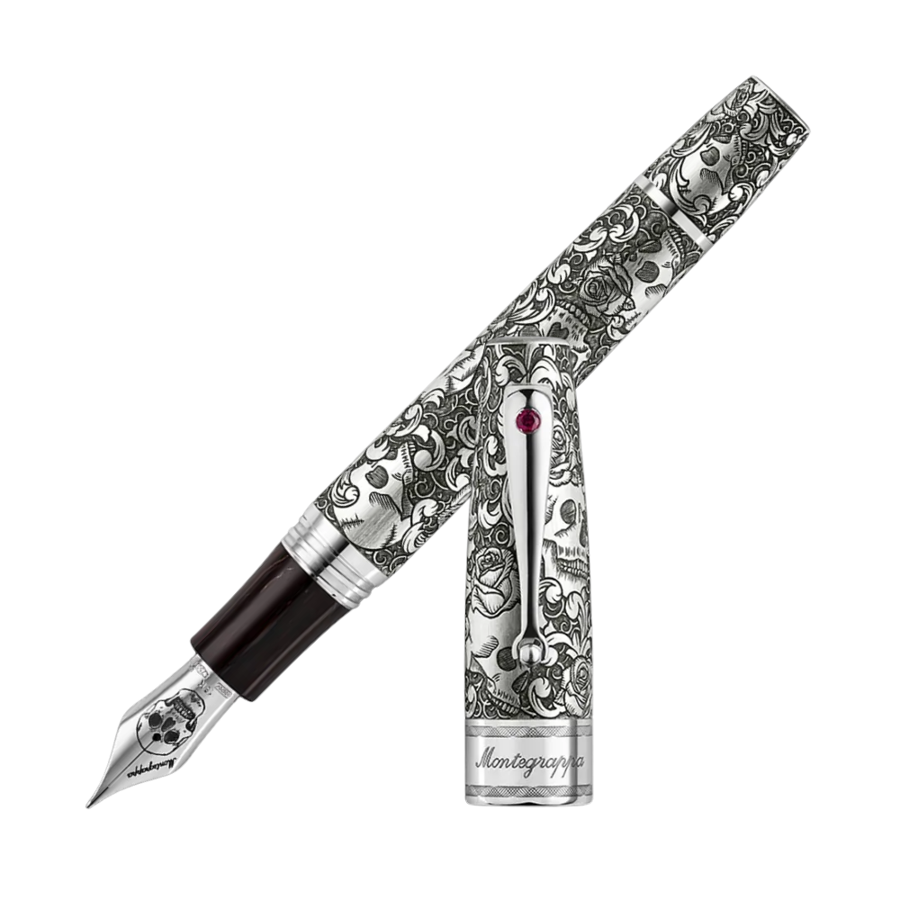 Montegrappa Skulls & Roses Füllfederhalter featuring intricate skull and rose designs, crafted from sterling silver and cubic zirconia.