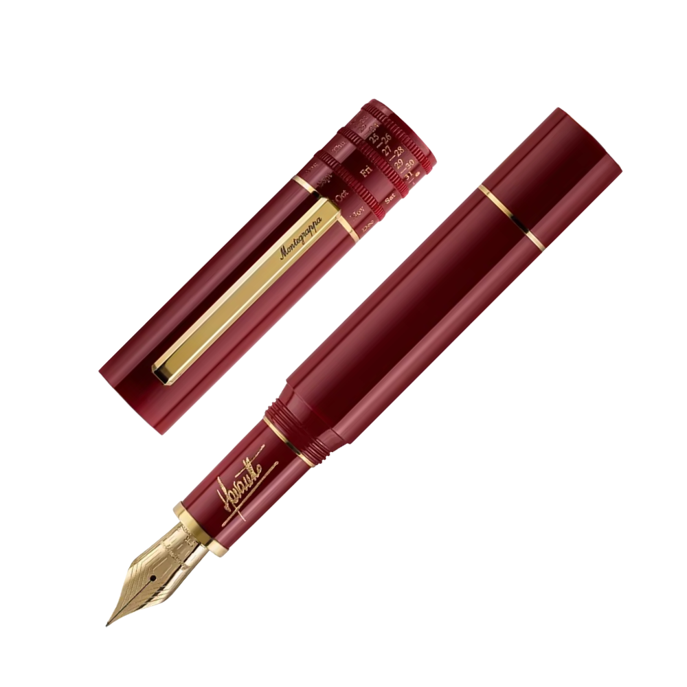 Montegrappa Füllfederhalter im Bordeaux-Look mit goldenen Details, in edler Geschenkbox.
