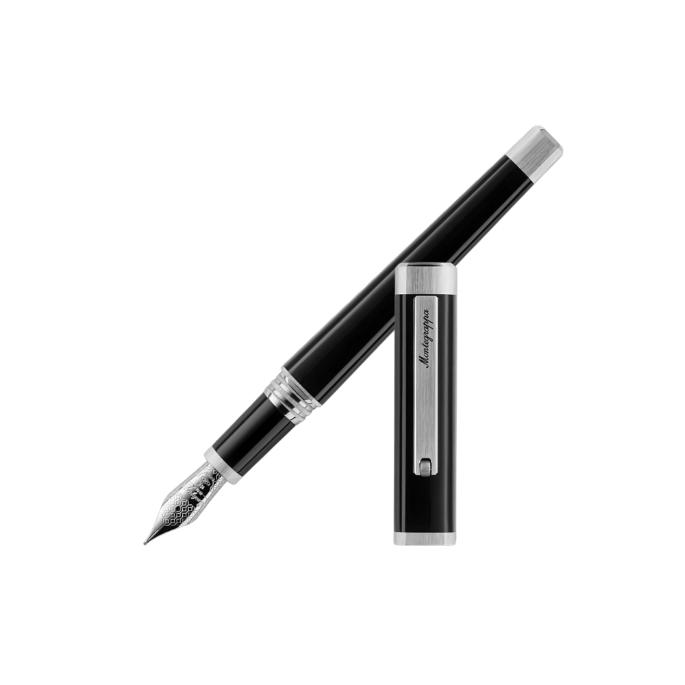 Montegrappa Quattro Fountain Pen Gold 14K, front view showcasing the nib and sleek black and silver design.