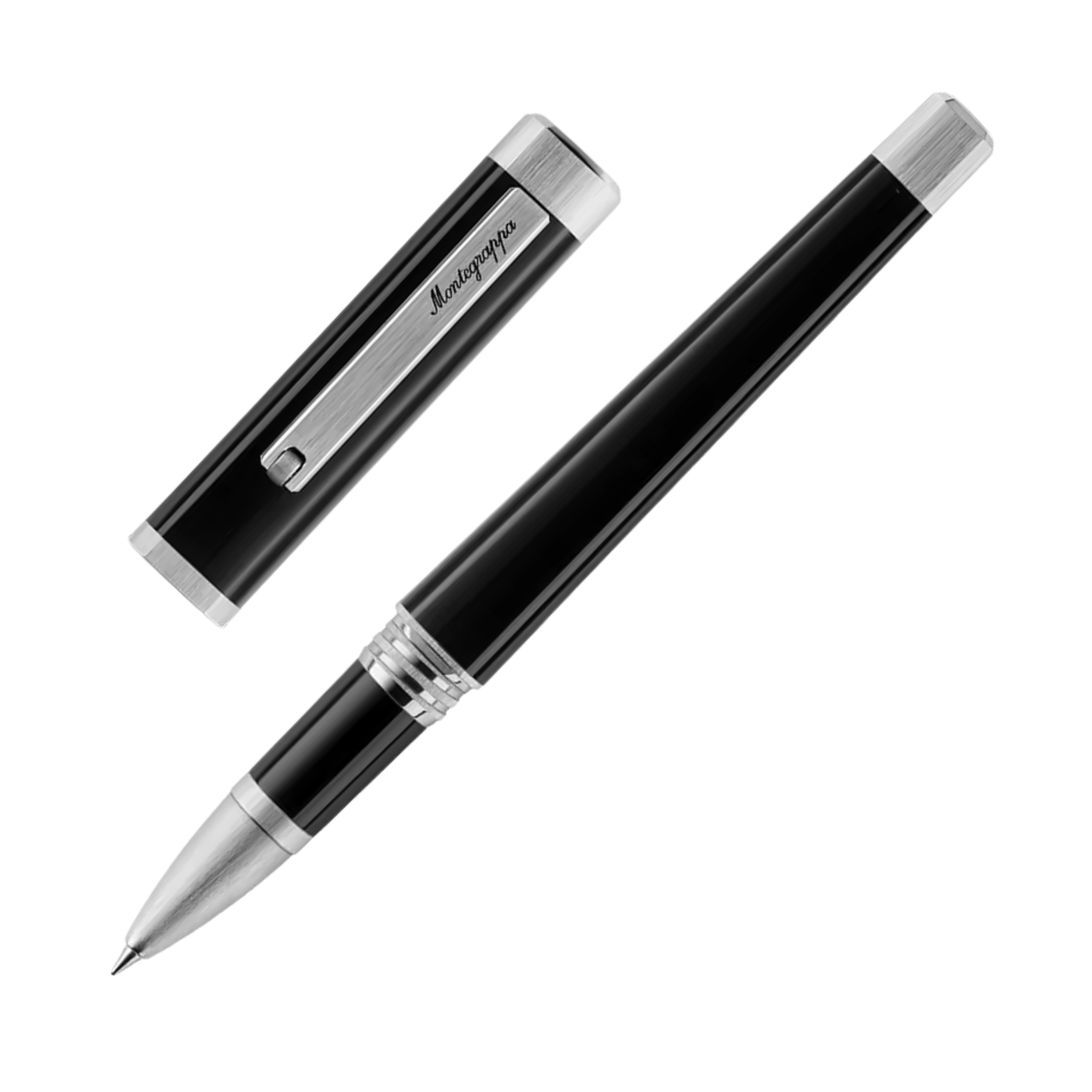 Eine Aufnahme des Rollerball-Stifts in der Geschenkbox, der Stift liegt horizontal neben seinem passenden Etui.