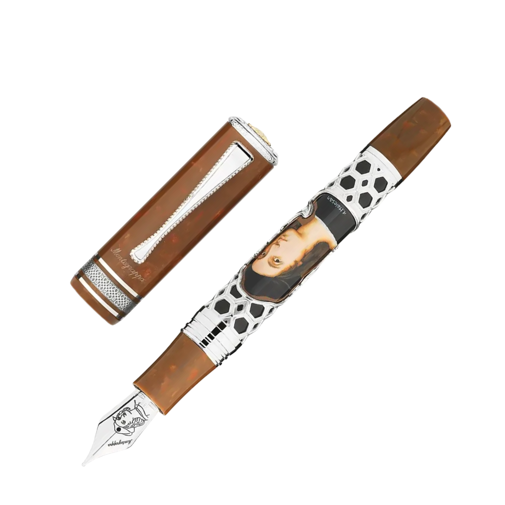 Montegrappa Füllfederhalter mit braunem Ledergehäuse, ausgestattet mit 18k Goldfeder und edlem Etui.