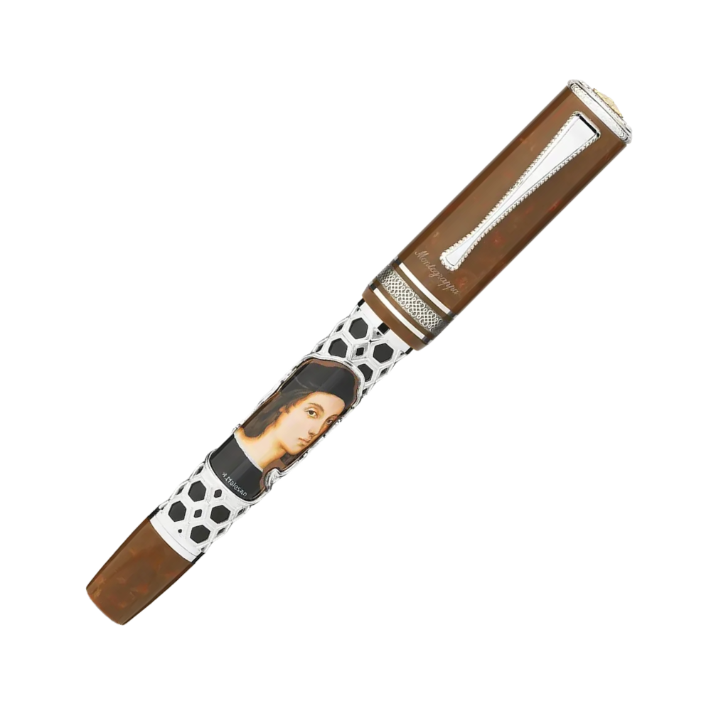 Montegrappa Füllfederhalter aus braunem Leder, mit kunstvollen Sterlingsilberdetails und hochwertiger 18k Goldfeder.