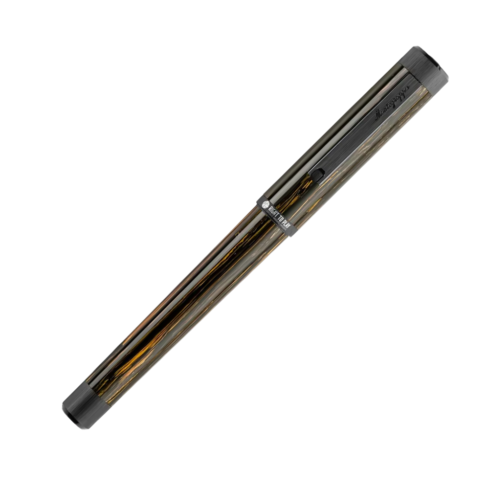 Montegrappa Right To Play Ultra Black IP Steel Fountain Pen, side view highlighting the stainless steel and IP Ultra-Black trim.