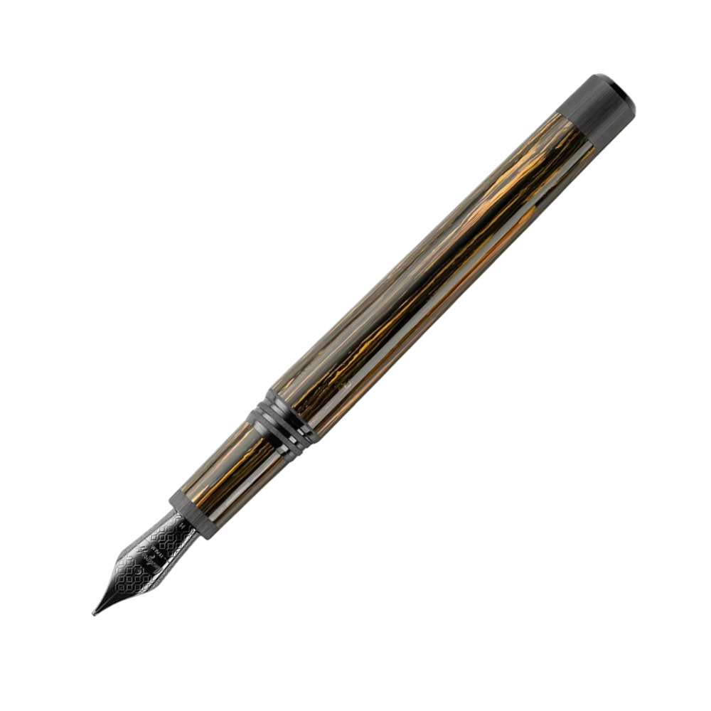 Montegrappa Right To Play Ultra Black IP Steel Fountain Pen, side view with cap removed, focusing on the detailing on the barrel.