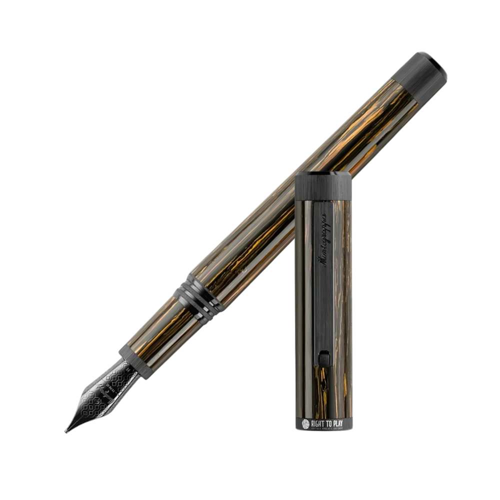 Montegrappa Right To Play Ultra Black IP Steel Fountain Pen, front view showcasing the nib and elegant design.