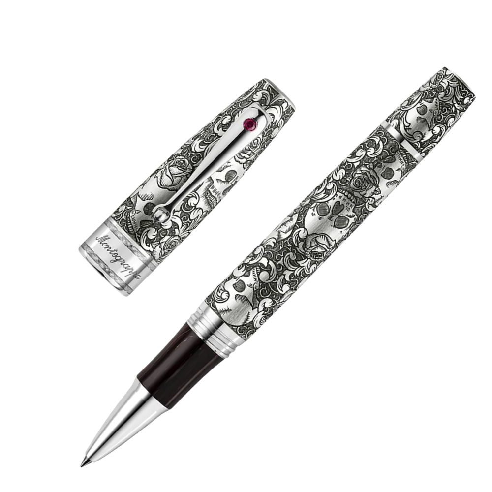 Montegrappa Skulls & Roses Silver Rollerball Pen with elegant engravings and a polished finish, resting in its premium case.