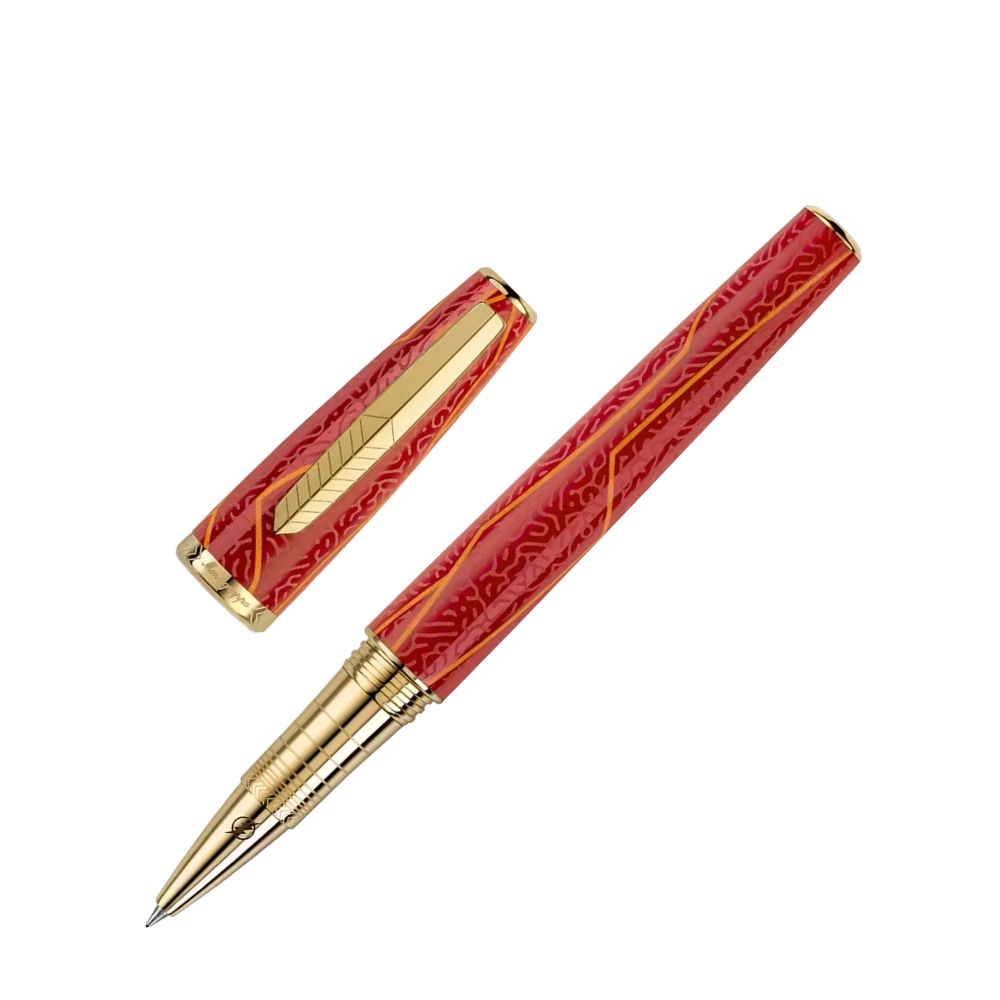 Montegrappa The Flash Rollerball Pen, elegantes Design aus rotem Resin mit goldener Spitze und hochwertiger Geschenkverpackung.
