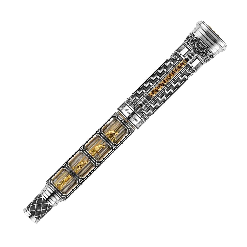 Close-up of the Montegrappa Theory of Evolution Füllfederhalter, showcasing its detailed sterling silver body and elegant 18k gold nib.