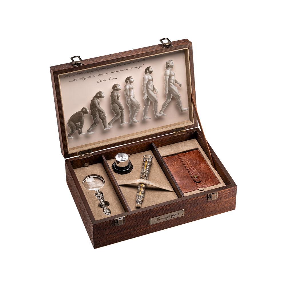 Side view of the Montegrappa Theory of Evolution Rollerball Pen, highlighting its sophisticated sterling silver trim and fine craftsmanship.