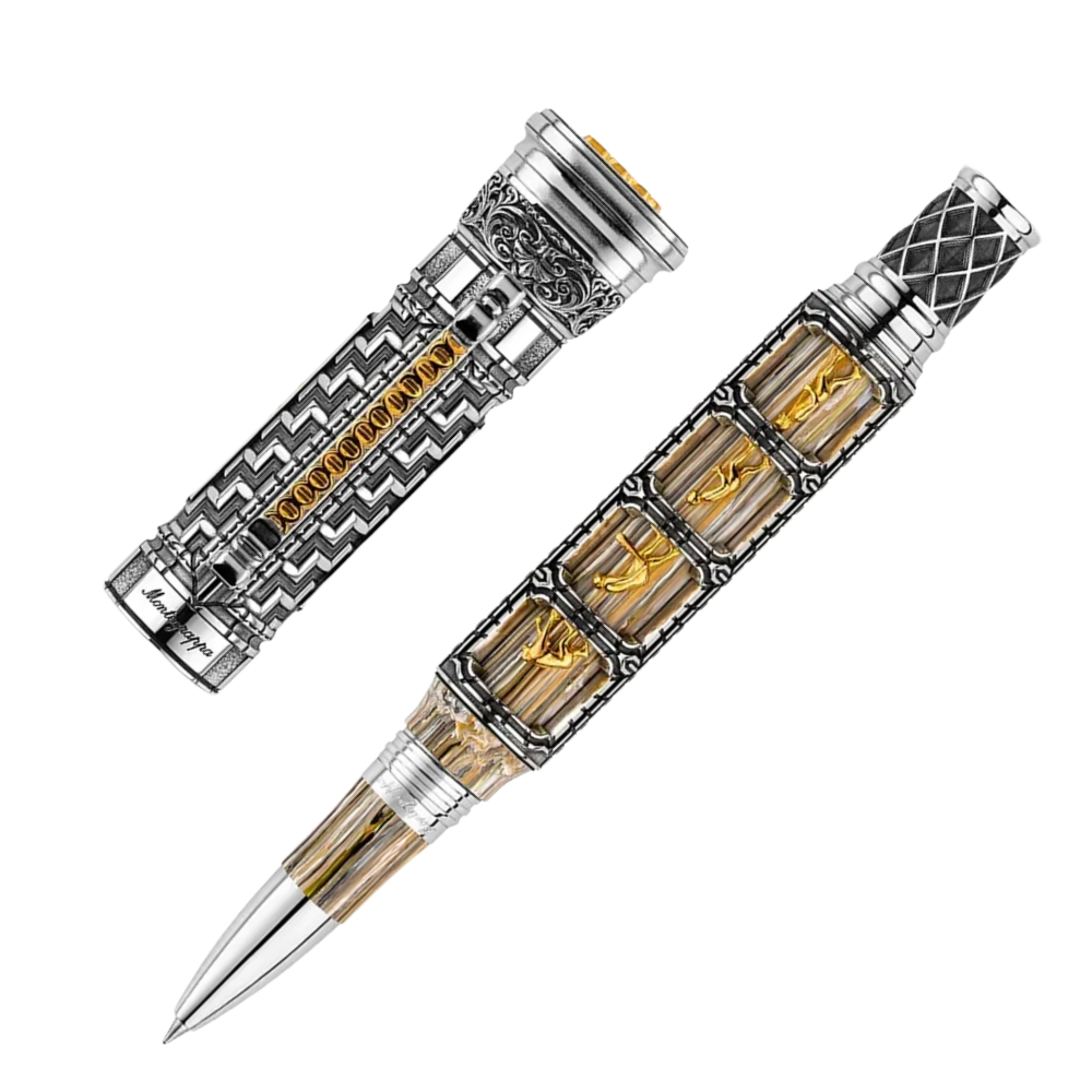 Montegrappa Theory of Evolution Rollerball Pen with rich detailing in sterling silver and vermeil, resting in an elegant wooden box.