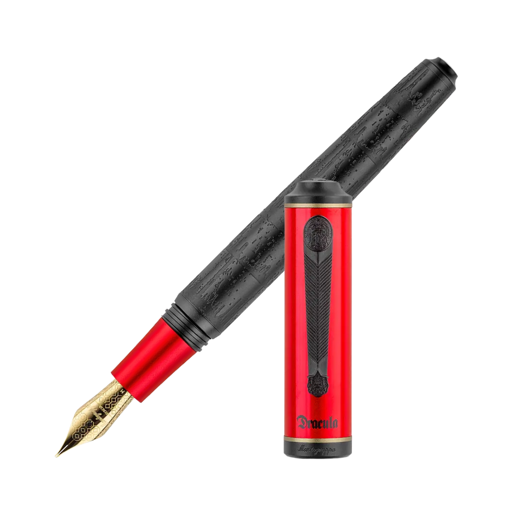 Side view of the Montegrappa Universal Monsters "Dracula" Füllfederhalter with red and black anodized aluminum body and gold nib.