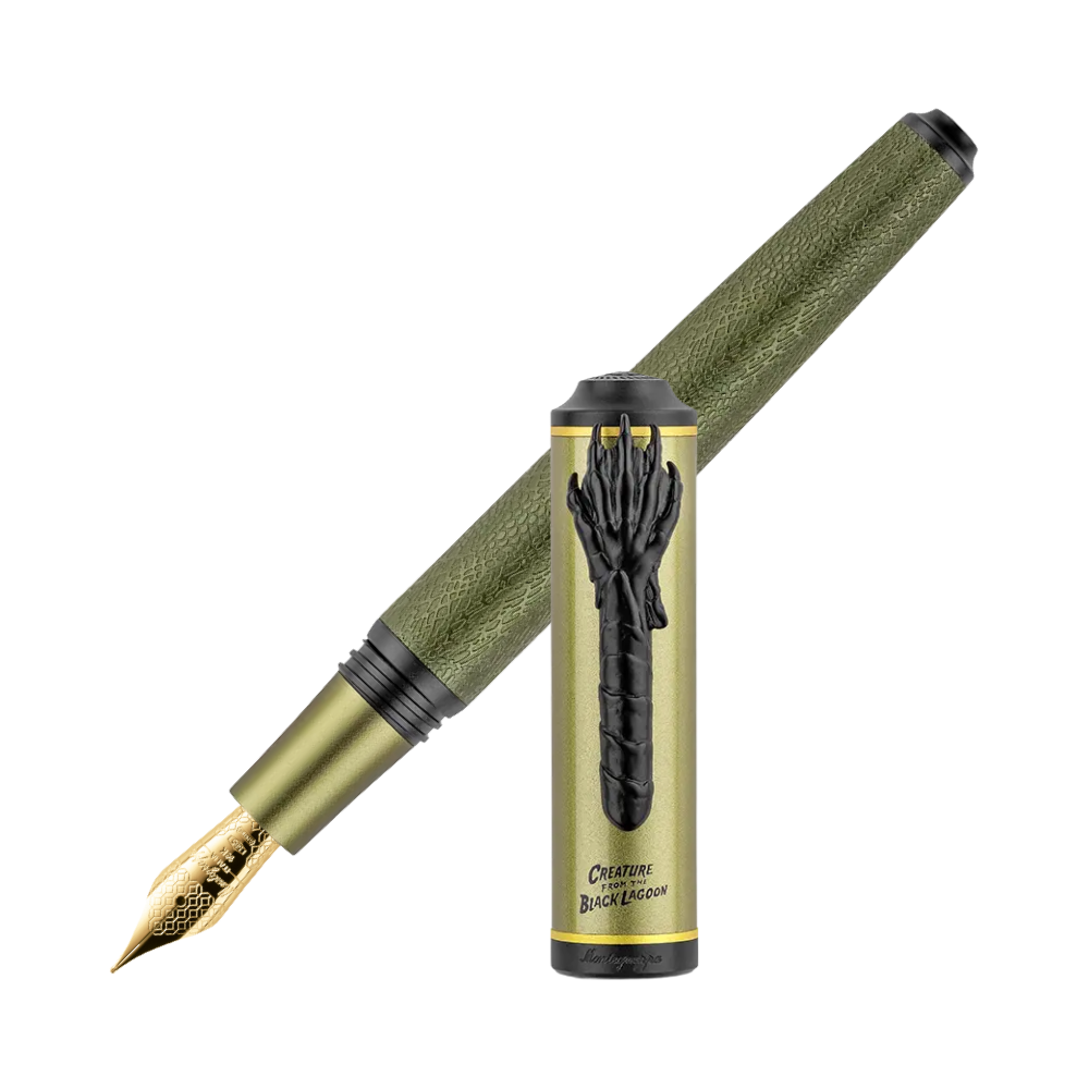 Green fountain pen with gold nib, uncapped and angled to showcase the design.