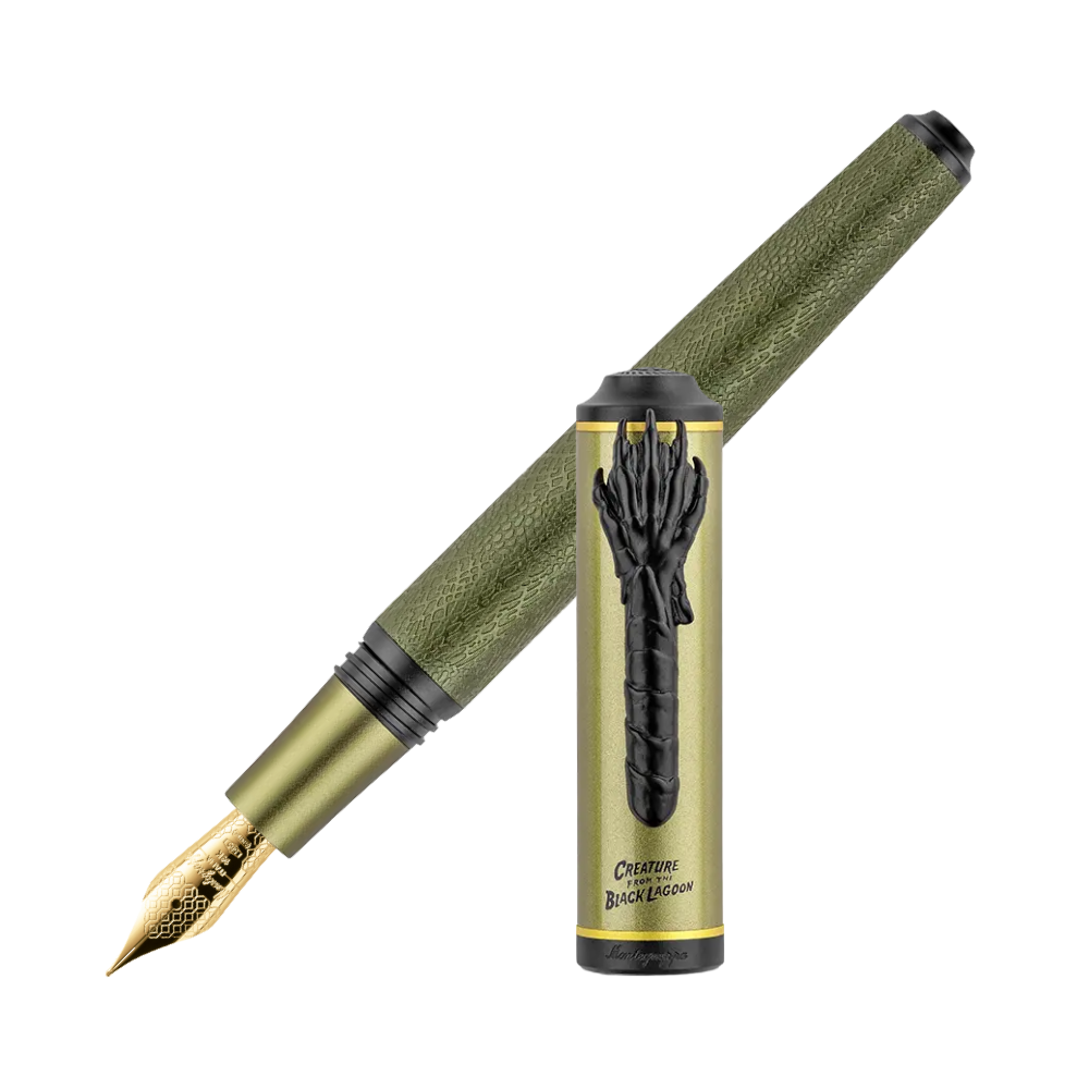 Green fountain pen with gold nib, uncapped, showcasing the pen's design.