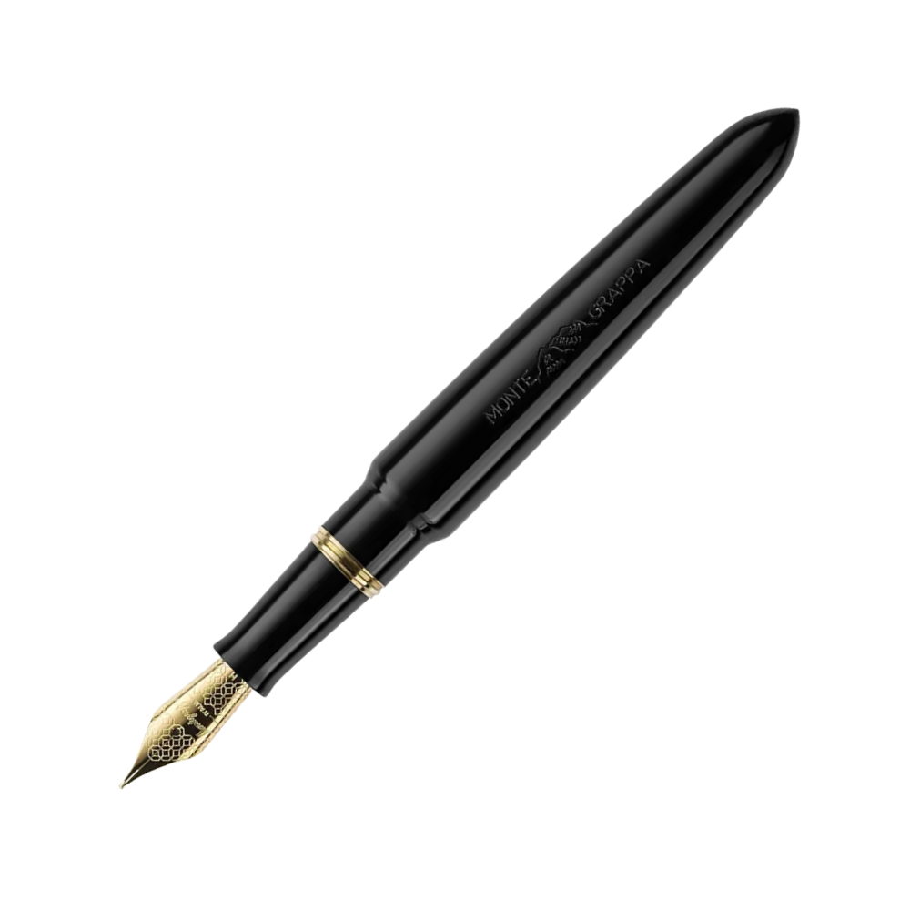 Montegrappa Venetia Black Steel Fountain Pen, side view with cap removed, focusing on the barrel and nib design.