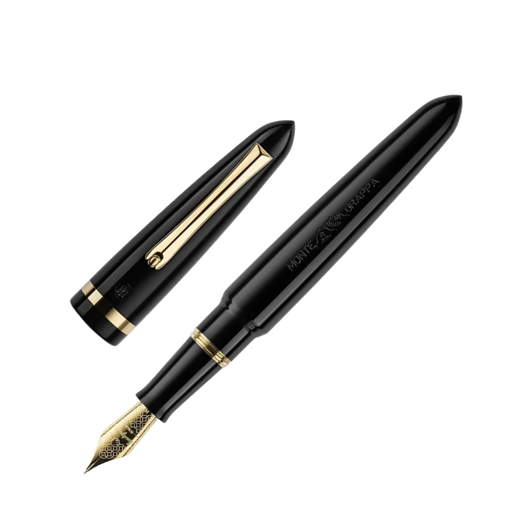 Montegrappa Venetia Black Steel Fountain Pen, close-up of the nib and detailed gold-plated accents.