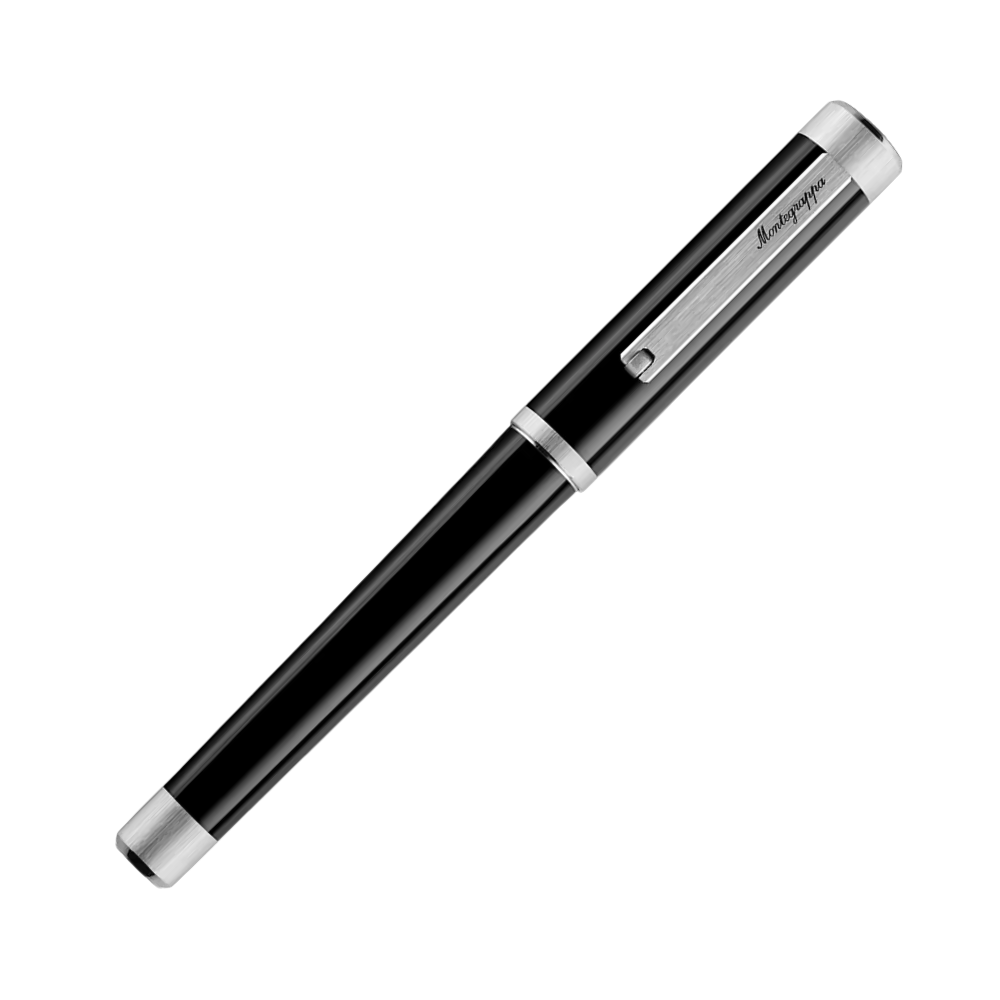 Montegrappa Zero Palladium IP Steel Füllfederhalter, side view highlighting the sleek palladium accents on the barrel and cap.