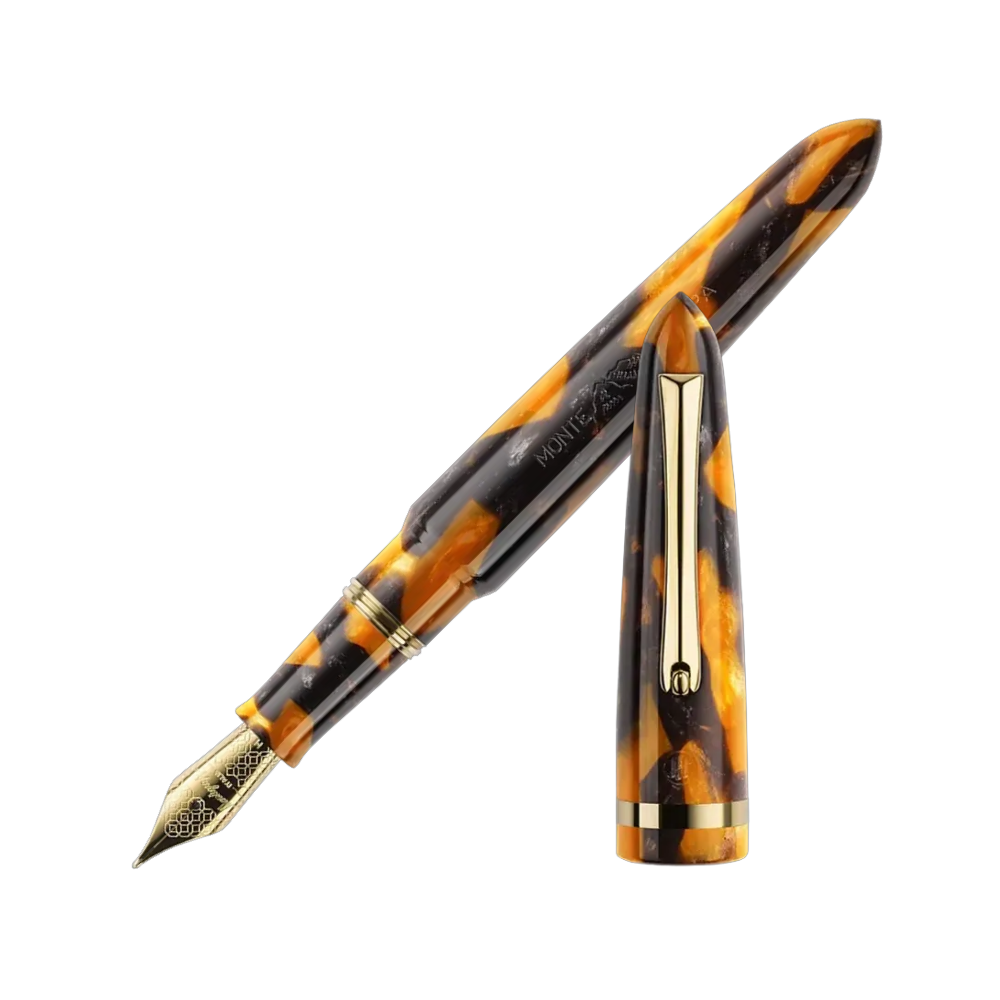 Montegrappa Venetia Havana Amber Steel Fountain Pen, front view showcasing the nib and tortoiseshell resin design with yellow gold-plated accents.
