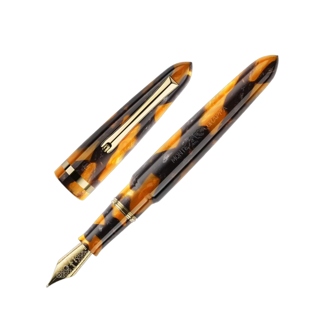 Montegrappa Venetia Havana Amber Steel Fountain Pen, close-up of the nib and gold trim accents.