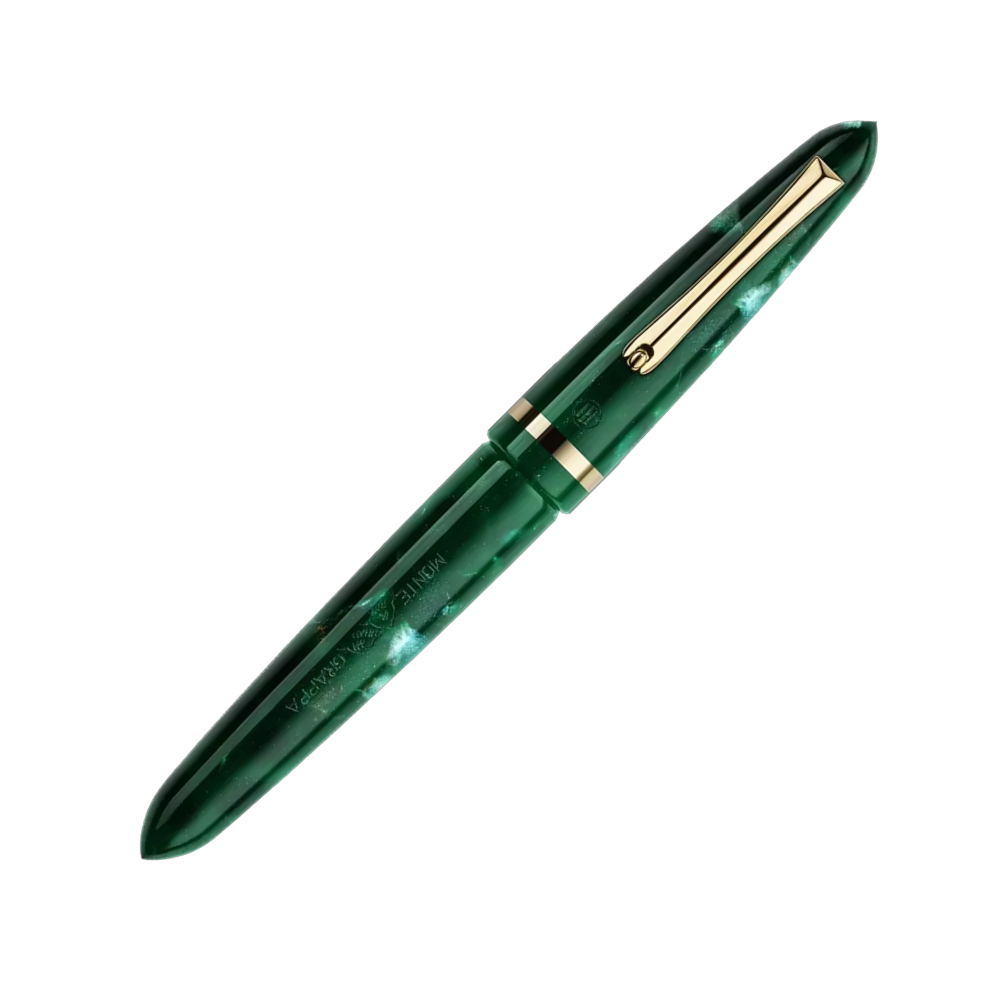 Montegrappa Venetia Fountain Pen in Vintage Conifer, side view highlighting the elegant gold trim and detailing on the barrel.