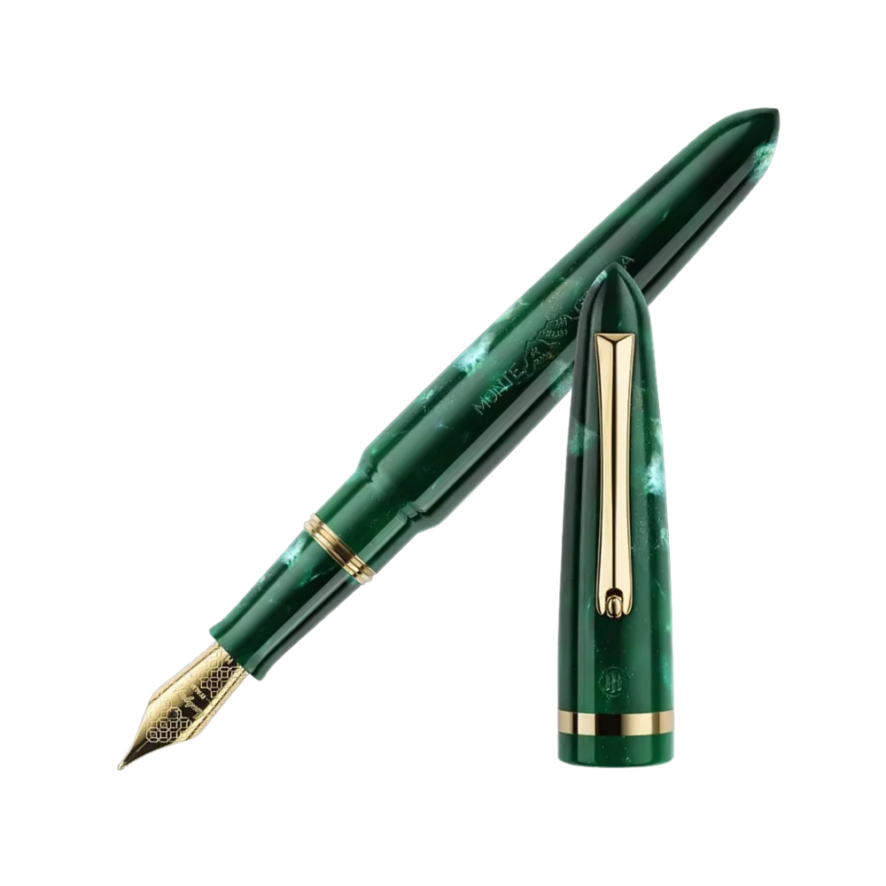 Montegrappa Venetia Fountain Pen in Vintage Conifer, side view with cap removed, focusing on the barrel design and nib.