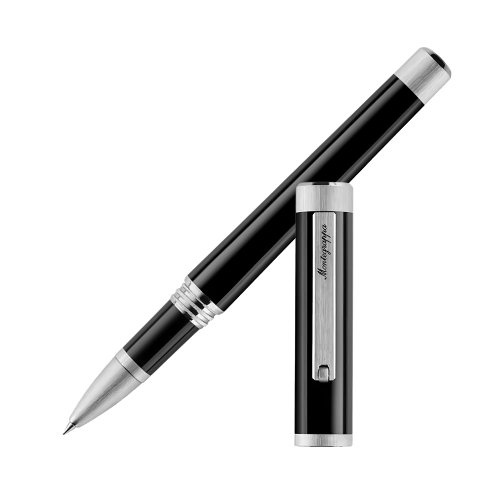 Ein schwarzer Rollerball-Stift mit silbernen Akzenten, schräg positioniert.