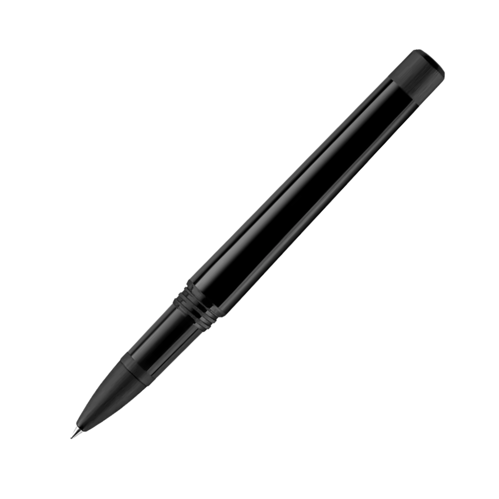 Der schwarze Kugelschreiber, aus der Seite betrachtet, zeigt die Spitze und das Design.