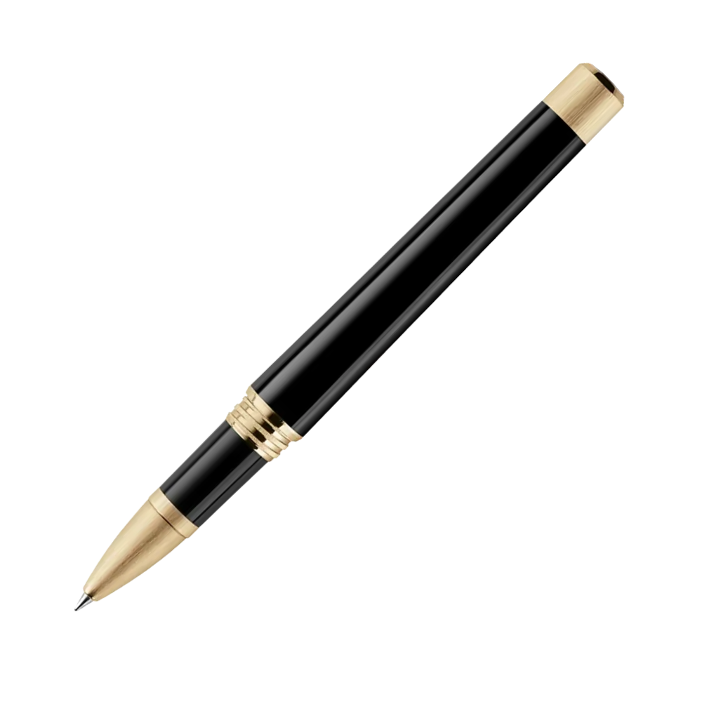 Der schwarze Rollerball-Stift, aus der Seite betrachtet, zeigt das Schreibende und die goldenen Akzente.