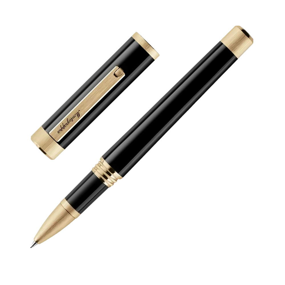 Zwei schwarze Rollerball-Stifte nebeneinander, in einer eleganten Präsentation mit goldenen Akzenten.