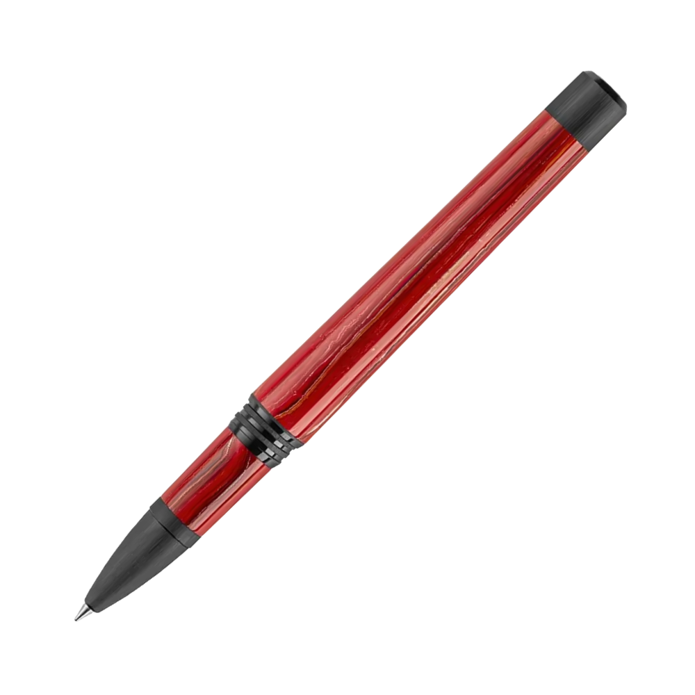 Der rote Rollerball-Stift aus der Seite betrachtet, mit schwarzen Akzenten und Clip.