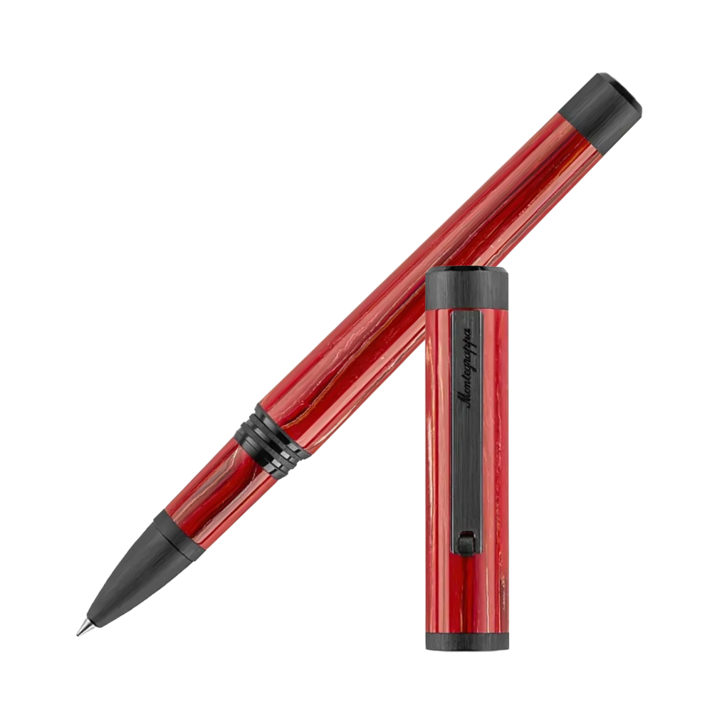Ein roter Rollerball-Stift mit schwarzen Akzenten, schräg positioniert.