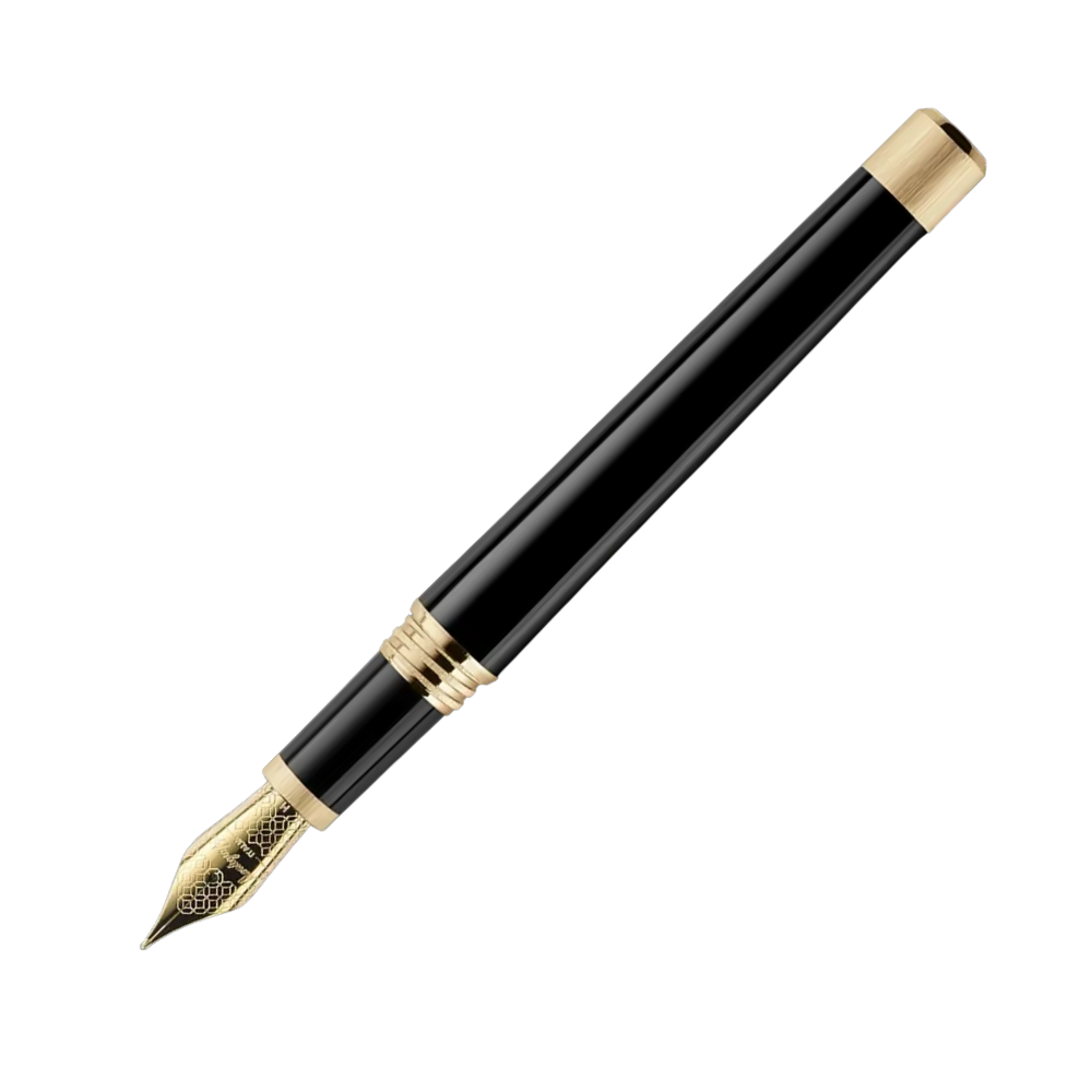 Montegrappa Zero Yellow Gold IP fountain pen close-up showing the nib and resin barrel