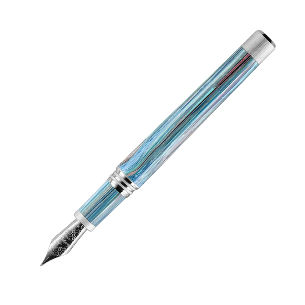 Montegrappa Zero Zodiac Taurus Palladium IP Steel Fountain Pen, side view with cap removed, focusing on the barrel design and nib.